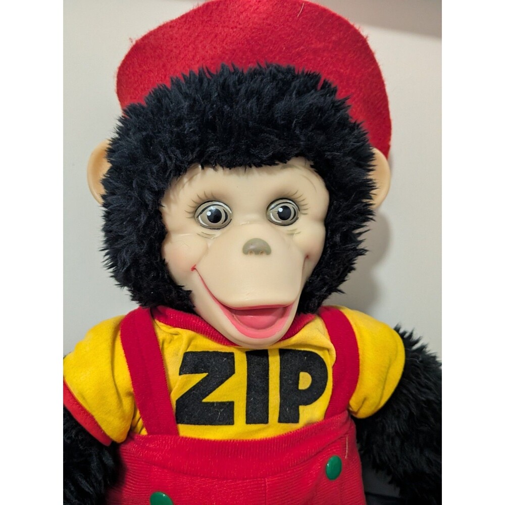 Zip Vintage 1950's Monkey  Stuffed Animal Plush,  Medium 14-24in, Red Overalls